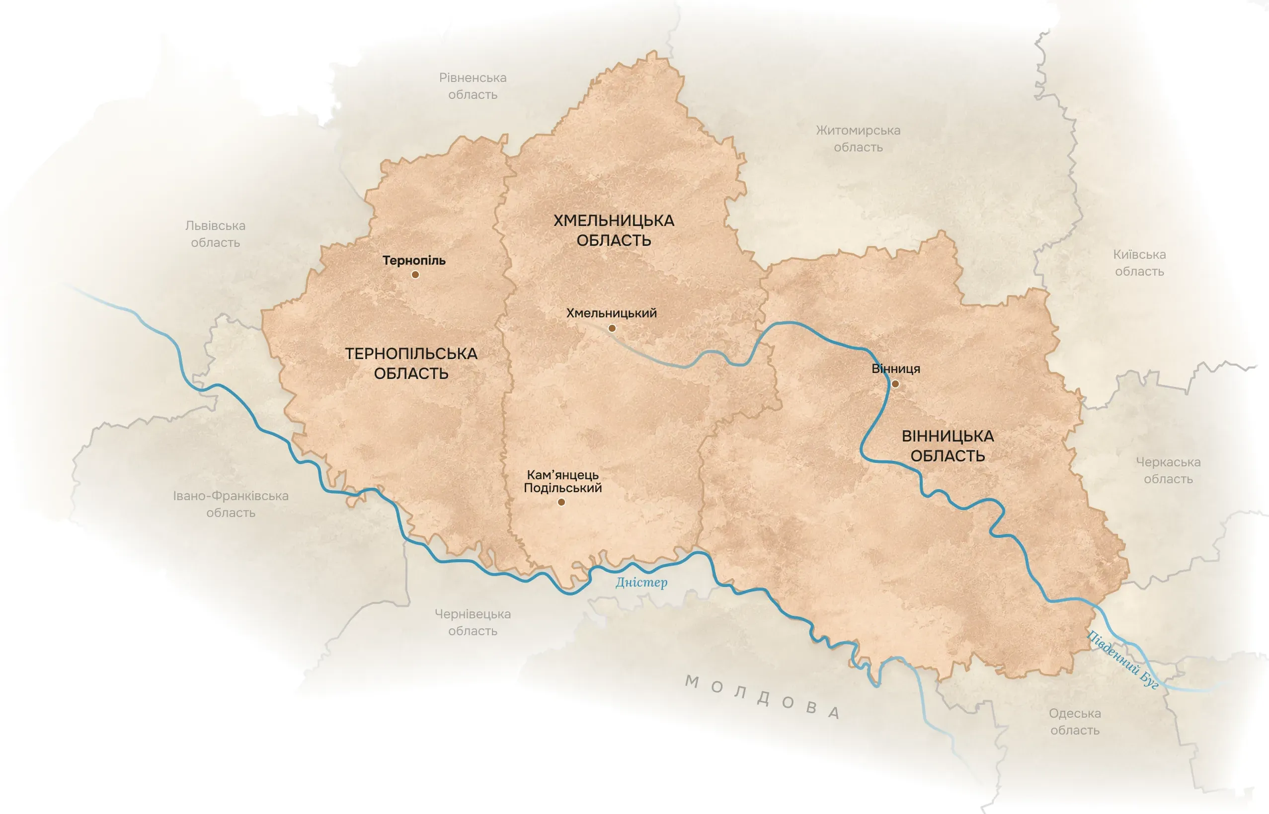 Мапа Поділля: Тернопільська, Хмельницька та Вінницька області
